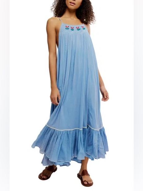 Free People /Tip Toeing Embroidered Tulips Blue Midi Dress - Sz. M - Nwt (Read)